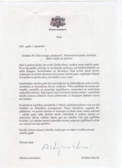 Nīcas vidusskola saņem vēstuli no Ministru prezidenta